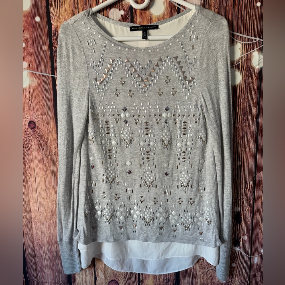 White House Black Market Gray Studded Long Sleeve Top